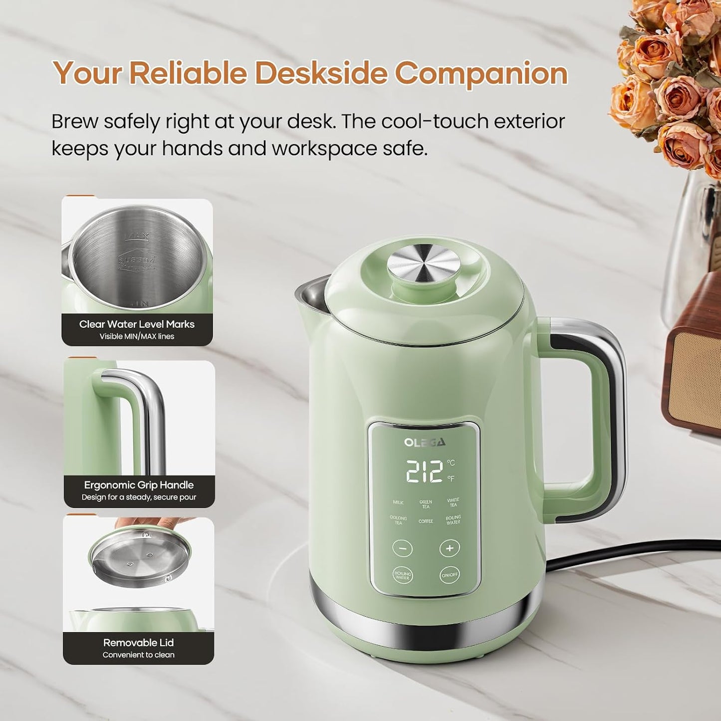 Electric Kettle Temperature Control: OLEGA 1.5L Smart Kettle 1200W | Stainless Steel Hot Water Boiler, 6 Temp Presets, Fast Boiling Electric Tea & Coffee Kettle