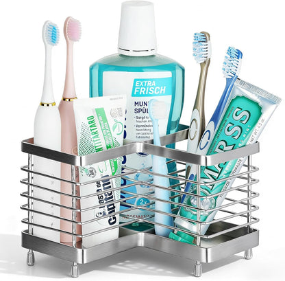 Toothbrush Holders for Bathrooms, 4 Slots Metal Tooth Brushing Organizer | Rustproof Electric Tooth Brush Toothpaste Holder with Drainage for Bathroom Countertop, White