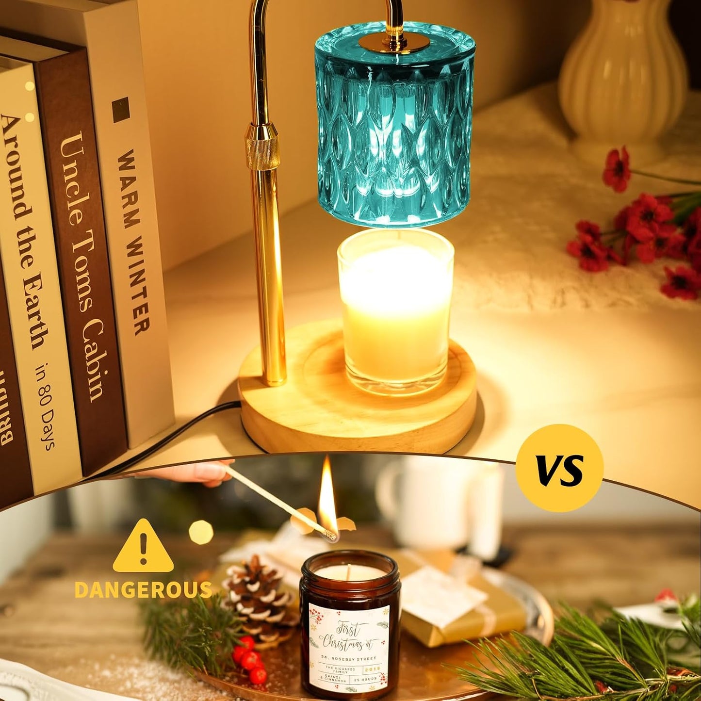 HAIDOLIANG Blue Candle Warmer Lamp with Timer and Dimmer | Height and Brightness Adjustable,Glass Electric Wax Warmer with 2 Bulbs for Women Gifts, Home Decor for Scented Jar Candles