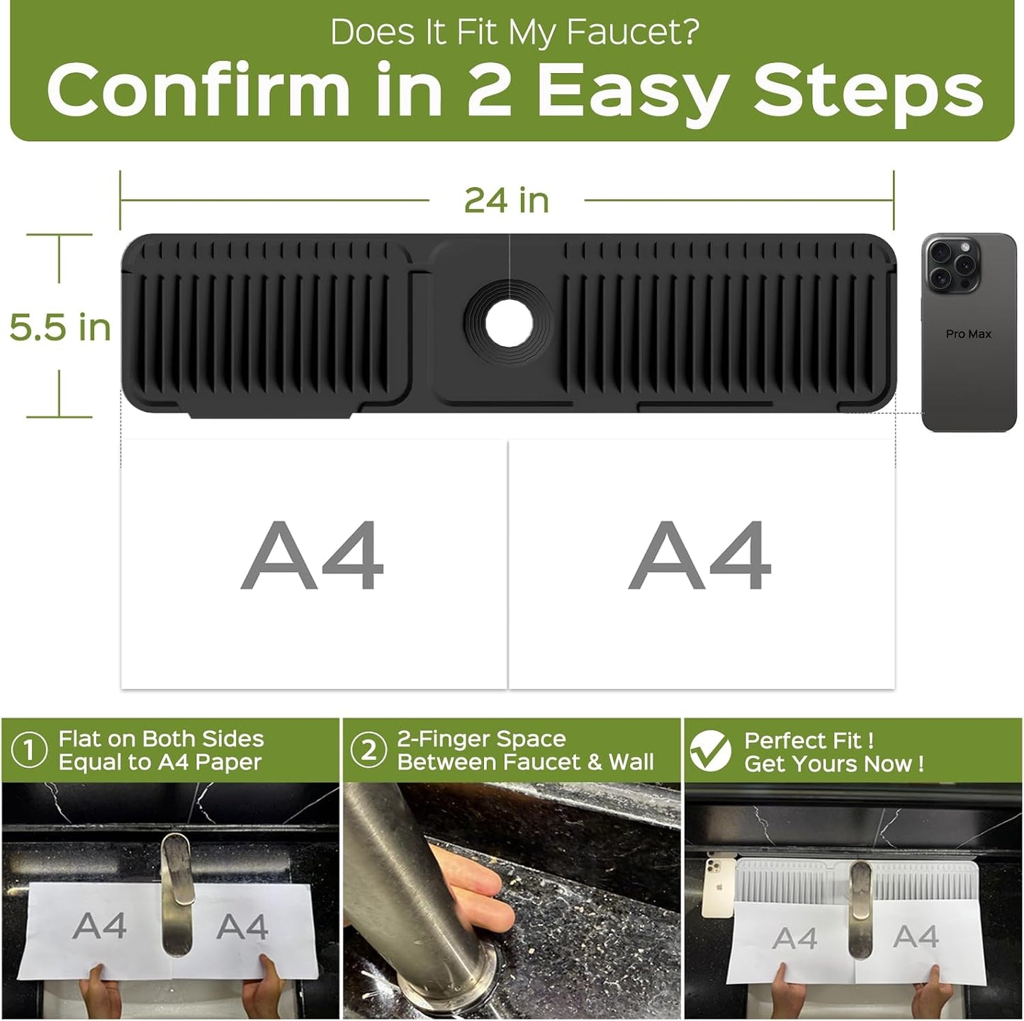 24 Inch Silicone Faucet Mat for Kitchen Sink Splash Guard – Upgraded Draining Mat with Water Tray Behind Faucet – Countertop Protectors to Catch Spills (Black, 24" x 5.5" )