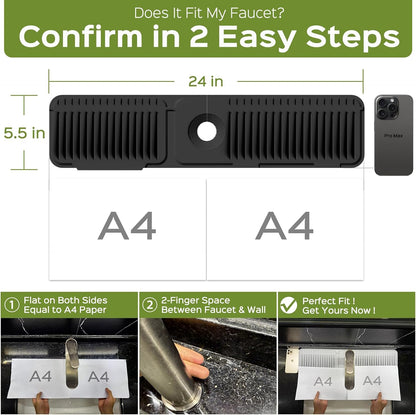 24 Inch Silicone Faucet Mat for Kitchen Sink Splash Guard – Upgraded Draining Mat with Water Tray Behind Faucet – Countertop Protectors to Catch Spills (Black, 24" x 5.5" )