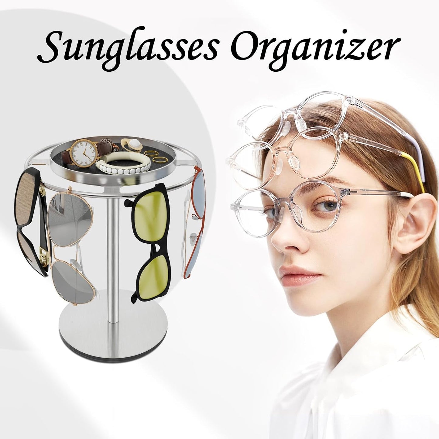 LSK Metal Sunglasses Organizer, Glasses Holder Stand with Storage Tray | Eyeglasses Holder with Anti-Slip Pads for Tabletop, Desk, Dresser, Matte Black