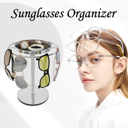 LSK Metal Sunglasses Organizer, Glasses Holder Stand with Storage Tray | Eyeglasses Holder with Anti-Slip Pads for Tabletop, Desk, Dresser, Matte Black