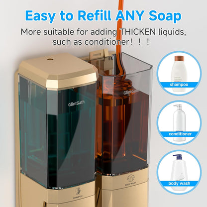 Shampoo and Conditioner Dispenser,Shower Dispenser 3 Chamber No Drill Shampoo Dispenser for Shower Wall Mounted Shower Soap Dispenser for Bathroom Hotel,Large Capacity 3 * 500ML,Gold