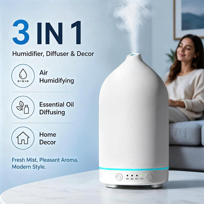 Gooamp 200ML Ceramic Essential Oil Diffuser for Home - Ultrasonic Aromatherapy Diffuser Humidifier with 7 Color LED Lights, Auto Shut-Off, 3 Timers for Bedroom, Office, Yoga, Black