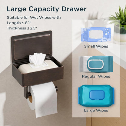 FORIOUS Toilet Paper Holder with Shelf, Wall-Mounted Modern Wipes Dispenser | Brushed Nickel | Toilet Paper Holder with Storage for Bathroom | Fits Wipes, Sanitary Napkin, Tampon | 8.0"x5.3" Large Shelf