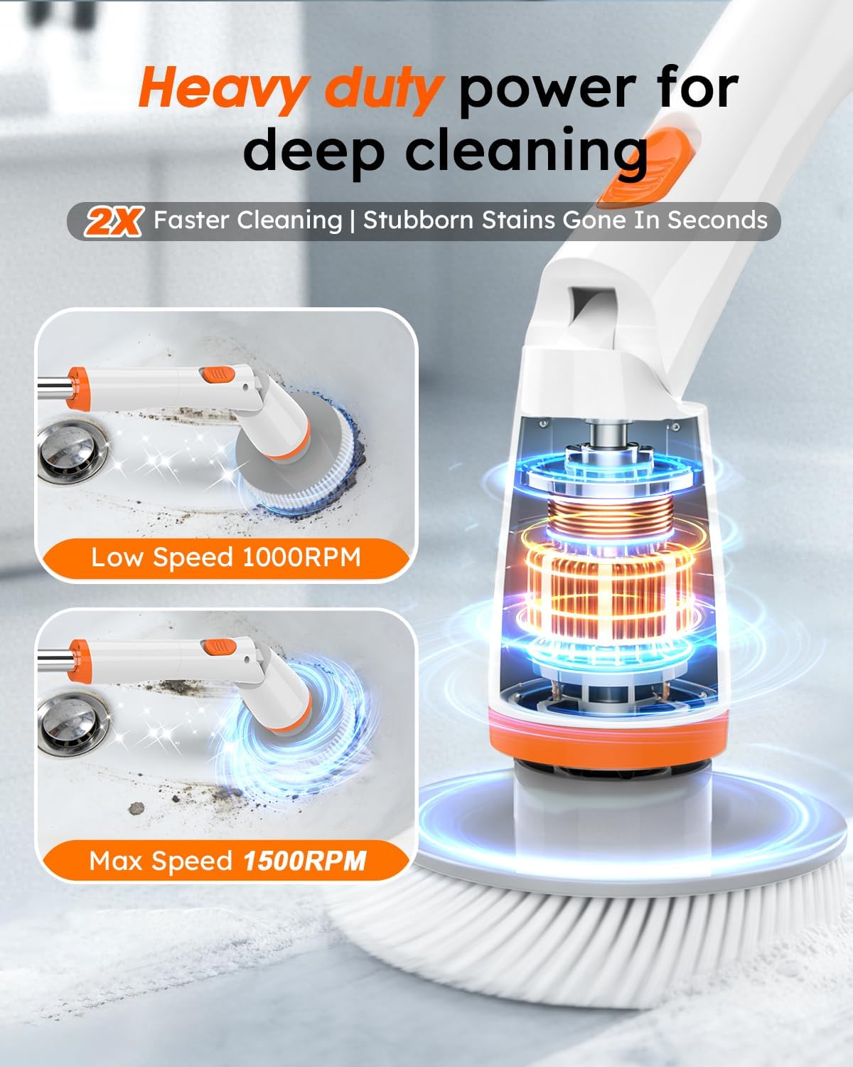 Electric Spin Scrubber,8 Replaceable Brush Heads for Home | IPX7 waterproof power scrubber with LCD display, multi heads, extendable handle, 90min runtime for bathroom kitchen glass car