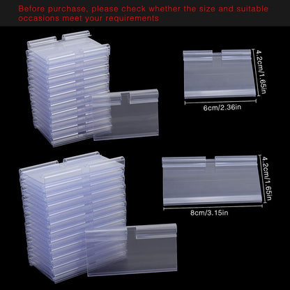 Meetory 50 PCS Clear Plastic Label Holders for Wire Shelf Retail Price Label, Basket Bin Labels Clip On, Labels for Storage Bins, Merchandise Sign Display Holder for Supermarket,Label Papers Included