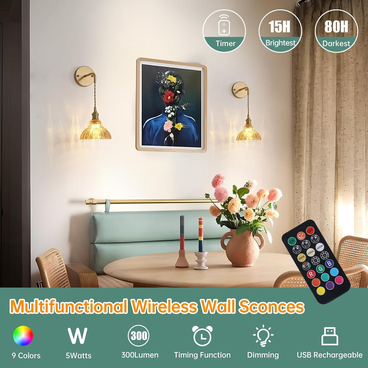 Shenmoyl Battery Operated Wall Sconce Wall Lamp with Green Lily of the Valley Shade Pattern Glass Adjustable Chain Retro Gold Wall Mounted Light, Modern Wall Lamp Fixtures Decor for Bedside Bedroom