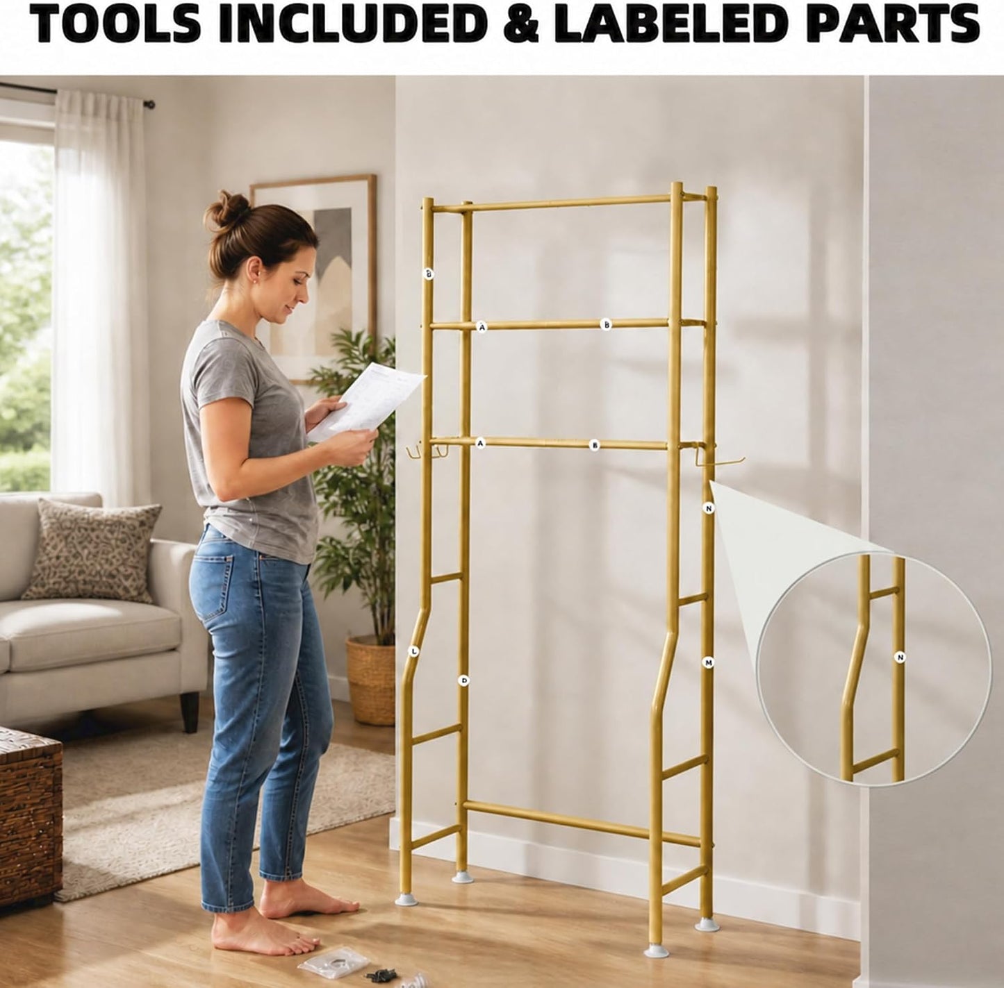 GloTika 3-Tier Over Toilet Storage, Anti-Tilt, 64" H, Black | Anti-Tilt Safety System, 150lb Capacity, Carbon Steel, Freestanding, No Drilling, Anti-Rust Coating, Paper Holder & 4 Hooks