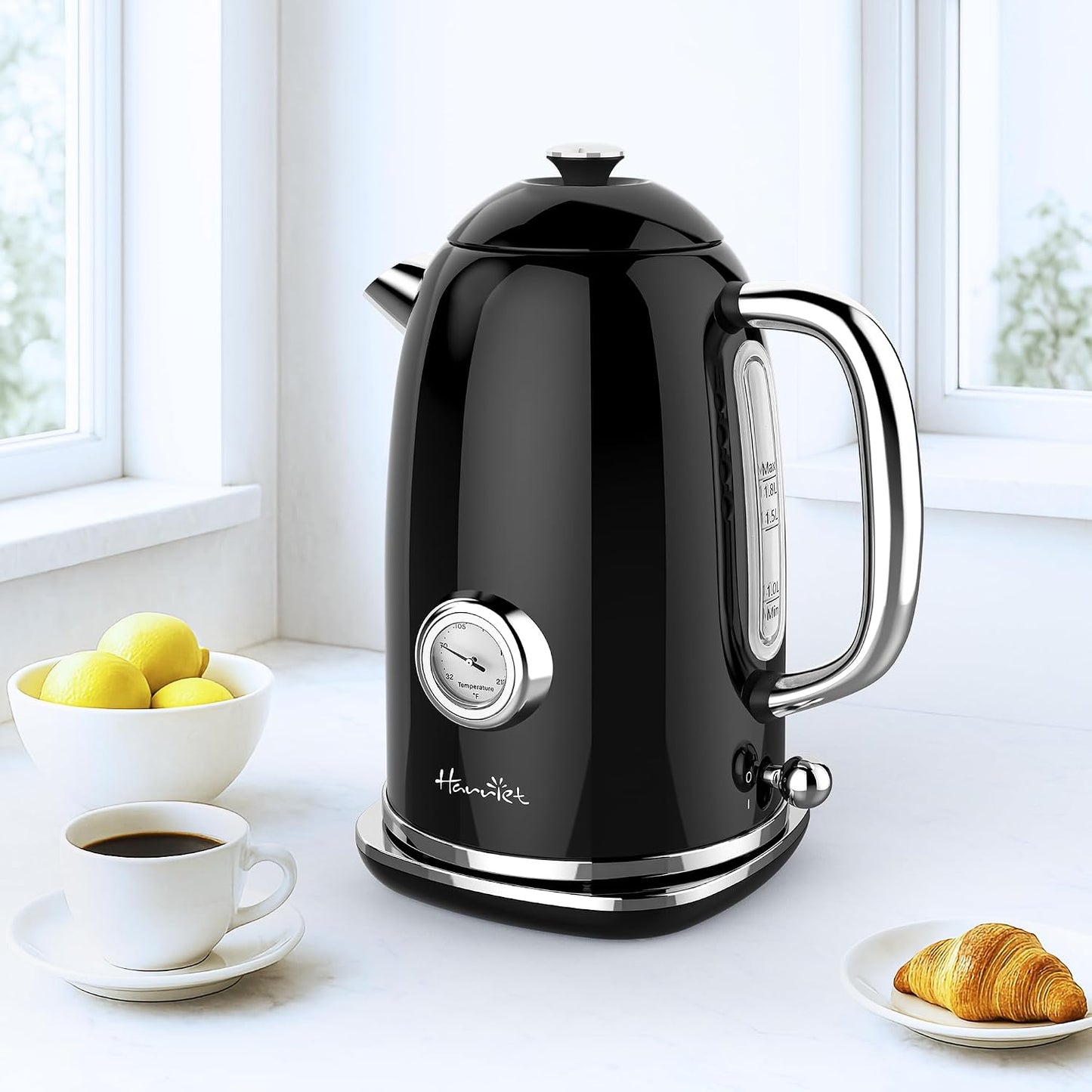 Harriet Electric Kettle, 1.8L Retro Electric Tea Kettle with Thermometer, 1500W Stainless Steel Hot Water Kettle Electric with LED Indicator, Fast Boiling, Cordless, Auto Shut-Off, Yellow