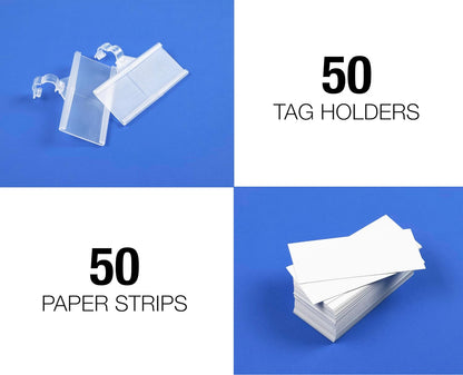 Pack of 100 - Plastic Wire Shelf Label Holder, Sign and Ticket Holder, Easy Clip Design with Tight Snap Lock Closure. Height, 1-1/4" X Width, 3" | "100 Label Inserts Included"