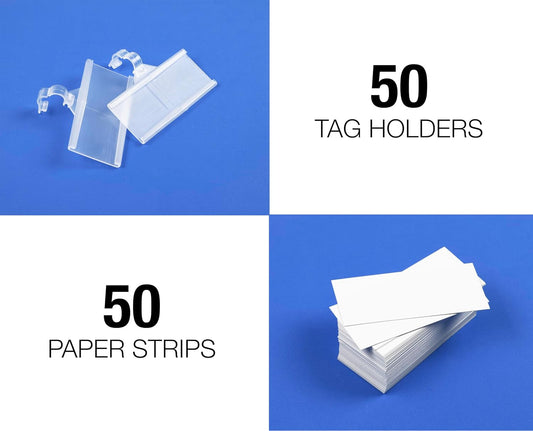 Pack of 100 - Plastic Wire Shelf Label Holder, Sign and Ticket Holder, Easy Clip Design with Tight Snap Lock Closure. Height, 1-1/4" X Width, 3" | "100 Label Inserts Included"