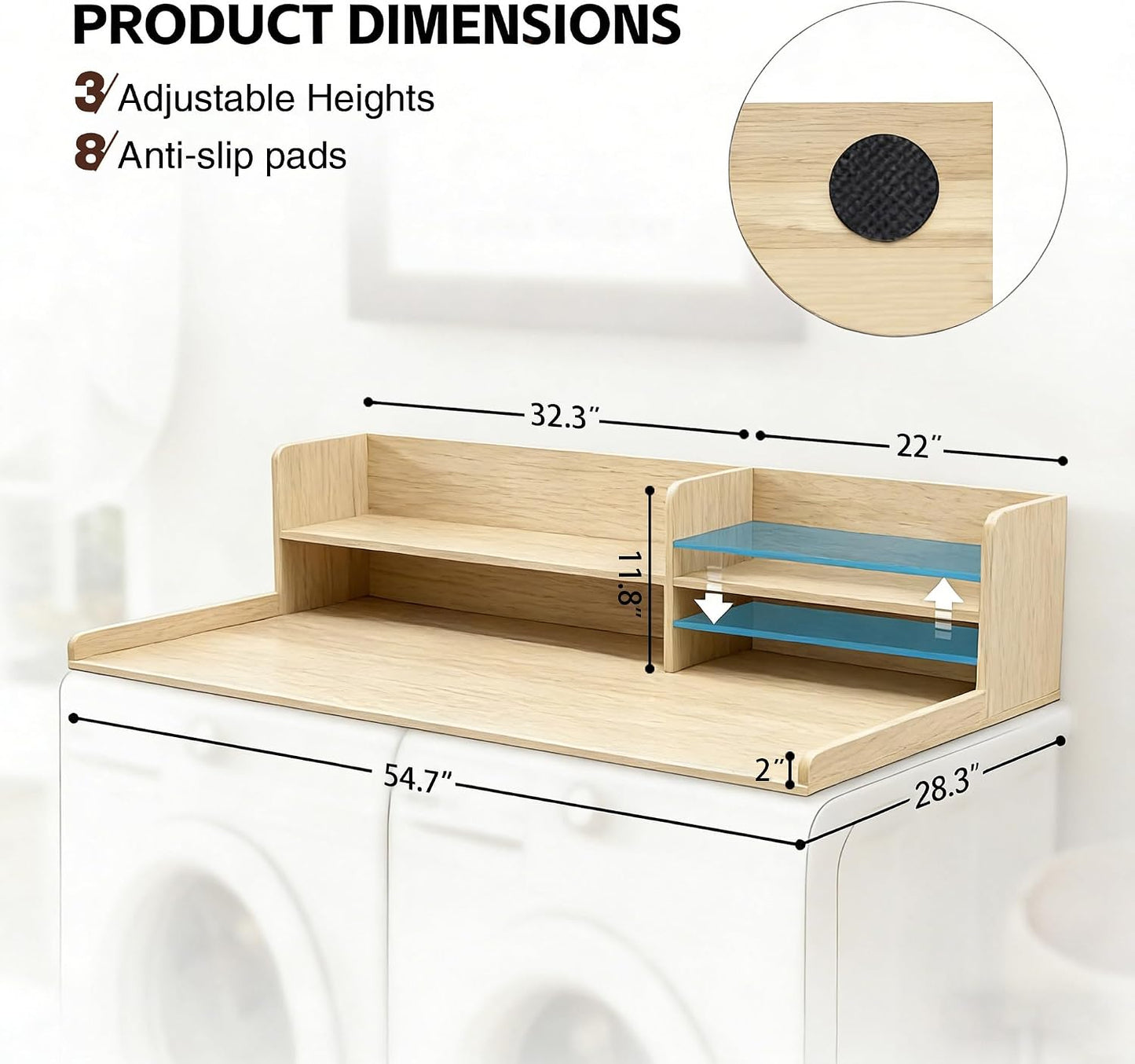 2 Tier Wooden Washer Dryer Topper, Large Laundry Countertop Cover, Walnut | Washer And Dryer Topper Non-Slip Pads,Over Washer And Dryer Shelves For Clothes Folding,Space Saving Laundry Room Organizer