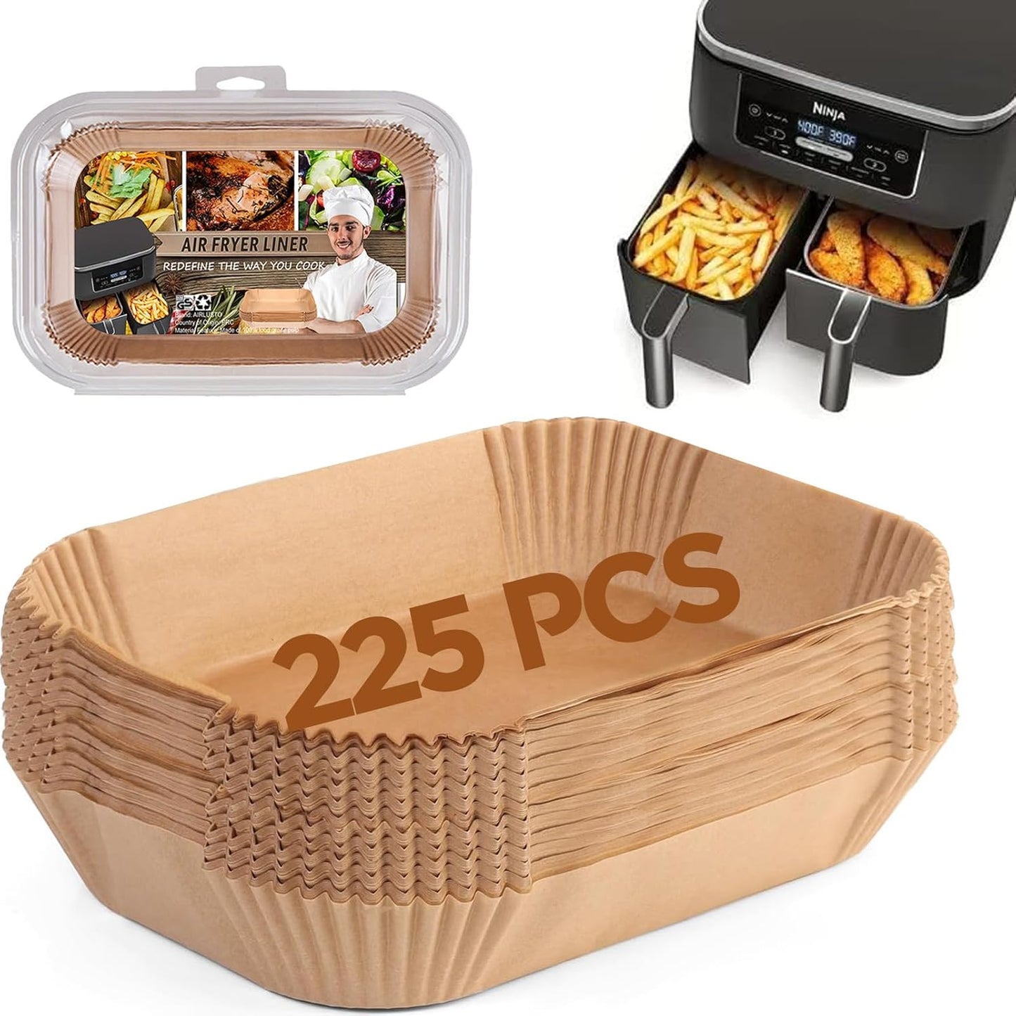Air Fryer Liners Disposable 9 Inch, 9 inch Air Fryer Liners 125 Pcs Large Square Air Fryer Paper Liners for 5QT 6qt 8QT Air Fryer, Non-stick Parchment Paper for Frying, Baking