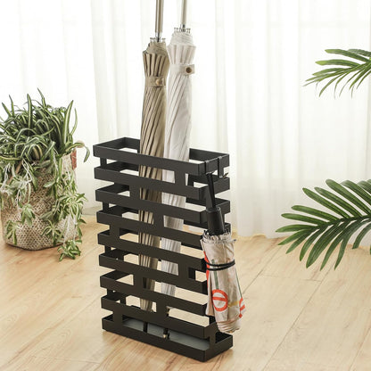 Tudomro Umbrella Stands for Entryway Large Metal Umbrella Holder 6.3 x 5.5 x 16.5 Inches with Removable Water Tray and Hooks Decor Freestanding Rectangular Hollow Rack for Home Office(Black)