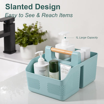 Plastic Shower Caddy Portable Shower Basket with Bamboo Handle, White | Cleaning Caddy Organizer Storage Tote for Bathroom, College Dorm Essentials, Bath Toy Storage