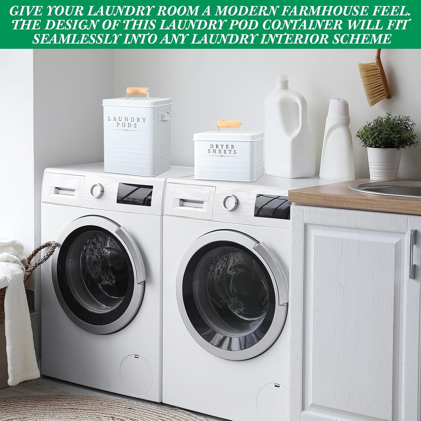 Yaocom 2 Pcs Laundry Pod Container with Dryer Sheet Holder Farmhouse Laundry Room Decor Organization and Storage Detergent Container Box with Lid Handle Metal Dryer Sheet Dispenser(Black)