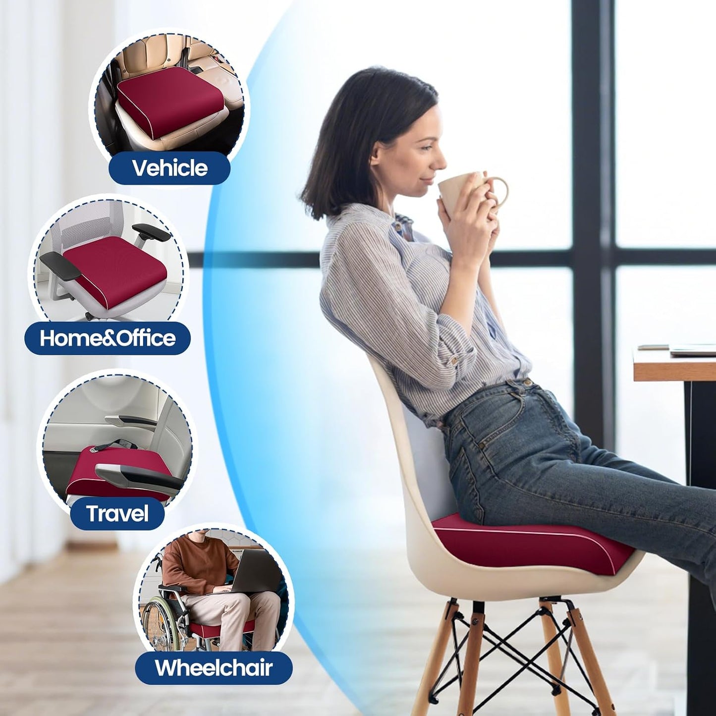 SweetSlubr Seat Cushion, Chair Pad, Memory Foam Large Cushion | Office Chair Cushion for Tailbone Pain Relief, Non-Slip Cover, Soft Support for Office Chair, Car Seat, Airplane,Large/Black