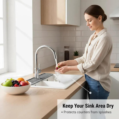 30 Inch Silicone Kitchen Sink Faucet Mat, Adjustable Waterproof Splash Guard Draining Mat Keep Countertops Dry (White)