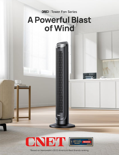 DREO Smart Tower Fan for Bedroom, 90° Oscillating Fan, 26ft/s Wind, 28dB