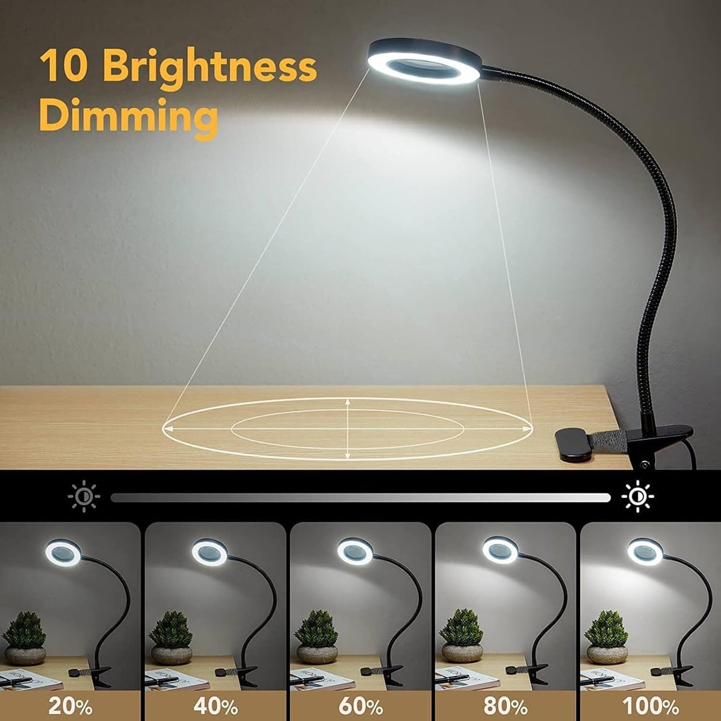 Magnifying Glass with Light Flexible Gooseneck Book Light Craft Lamp 12W 3 Colors Dimmable LED Desk Lamp for Reading Book in Bed at Night Clip on Table, Headboard Working,Studying