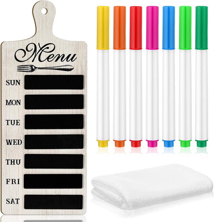 Weekly Menu Board Kitchen 16.5 x 6.3 Inches Wood Menu Planner Board with 7 Markers and Towel Kitchen Weekly Planner Plaque Wall Signs for Dinning Room Home Decor