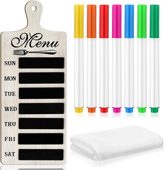Weekly Menu Board Kitchen 16.5 x 6.3 Inches Wood Menu Planner Board with 7 Markers and Towel Kitchen Weekly Planner Plaque Wall Signs for Dinning Room Home Decor