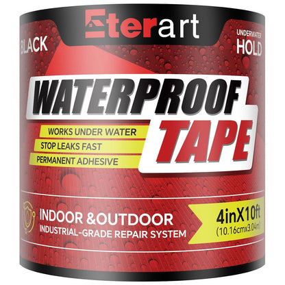 Waterproof Tape Black, Seal Repair for Roofs, Pool Liners & Pipes, 4"x10FT | Heavy Duty Rubberized Active Leaks, - All-Weather Emergency Patch Tool for Homeowners & Campers, Easy to Apply, Durable