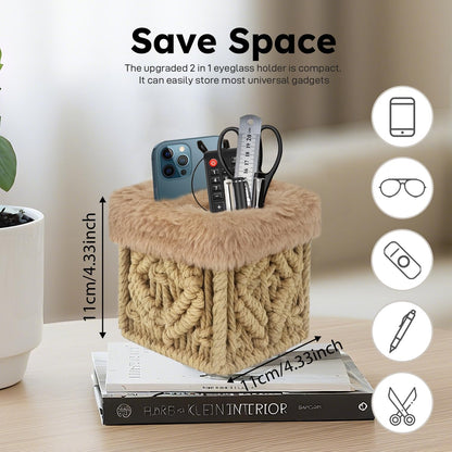 2 in 1 Glasses Holder, Double Plush Lined Eyeglass Holder Stand | 2 Slots Anti-scratch Eye-glasses Storage Organizer Case for Nightstand, Office Desk, Table, Brown