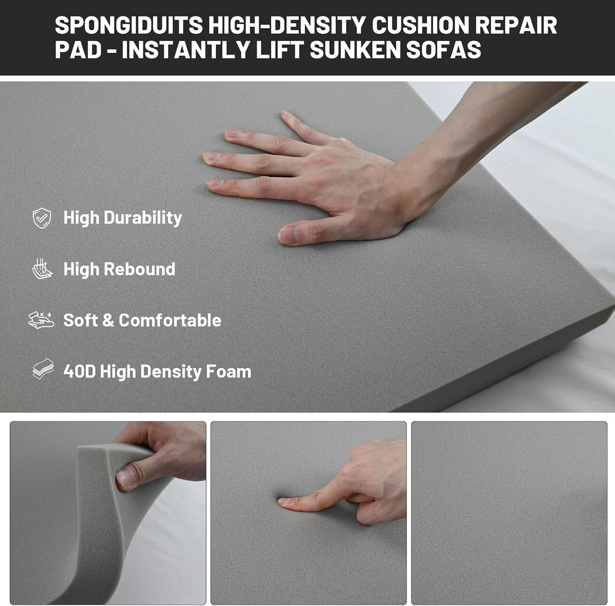 Couch Cushion Support for Sagging Seat, 20"x20"x2" 40D High Density Curved Foam Sofa Cushion Support, Under-Cushion Sag Repair,Grey Set of 3