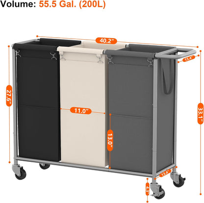 Heybly 3-Section Laundry Sorter Hamper,Rolling Laundry Hamper with Removable Bags – Heavy-Duty Laundry Sorter Cart with Wheels for Dirty Clothes, 40.2 x 15.4 x 33.1 Inches HLH024P03