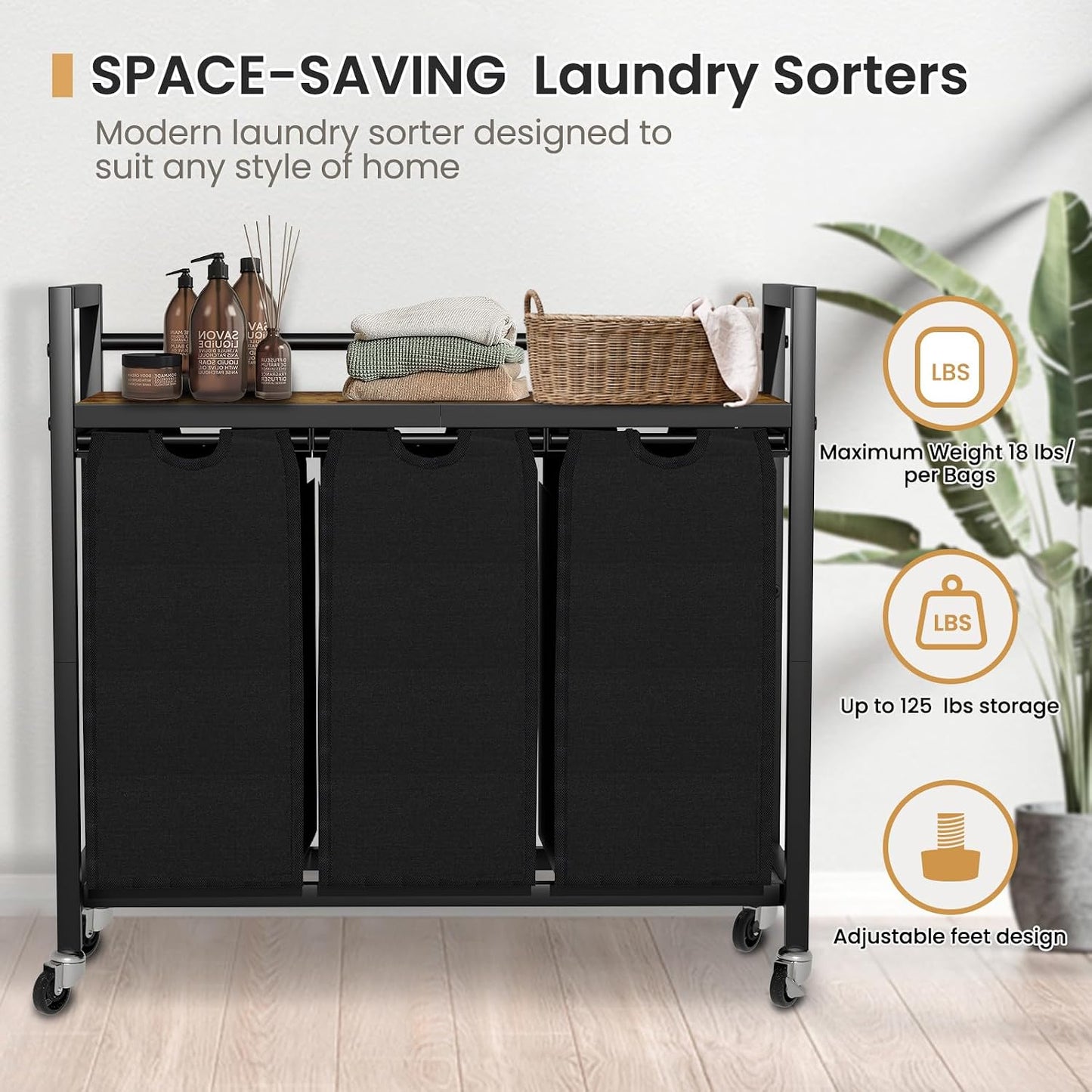 SwaaVee Laundry Sorter, Laundry Hamper 3 Section, 3×11.4Gal, Metal Frame Rolling Laundry Basket with Wooden Top Shelf, Pull out and Removable Laundry Bags, 3 Bags-Black
