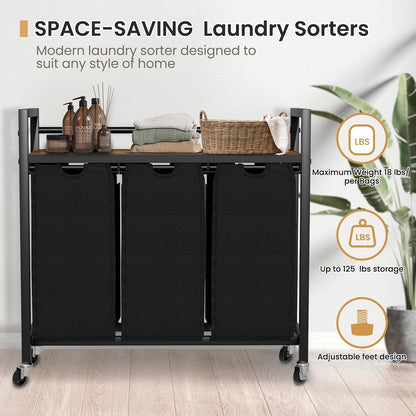 SwaaVee Laundry Sorter, Laundry Hamper 3 Section, 3×11.4Gal, Metal Frame Rolling Laundry Basket with Wooden Top Shelf, Pull out and Removable Laundry Bags, 3 Bags-Black