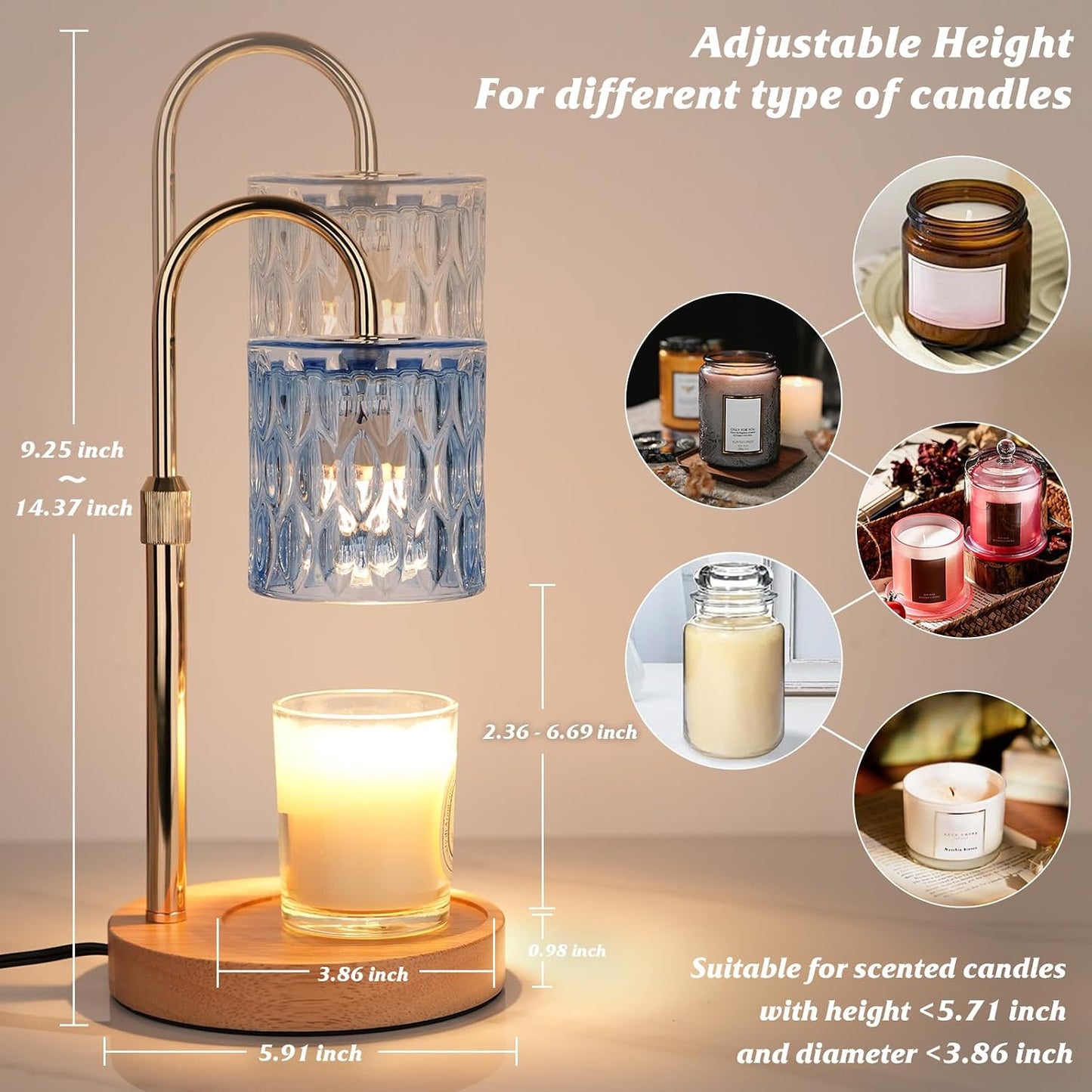 HAIDOLIANG Blue Candle Warmer Lamp with Timer and Dimmer | Height and Brightness Adjustable,Glass Electric Wax Warmer with 2 Bulbs for Women Gifts, Home Decor for Scented Jar Candles