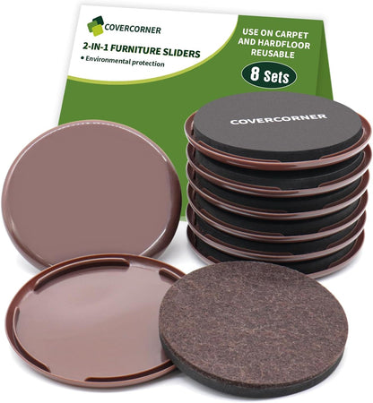 2 in 1 Furniture Sliders, 8 PCS in 3 1/2" or 4", Brown | Furniture Sliders for Hardwood Floors, Furniture Sliders for Carpet, Sliders for Moving Furniture, Furniture Movers Sliders