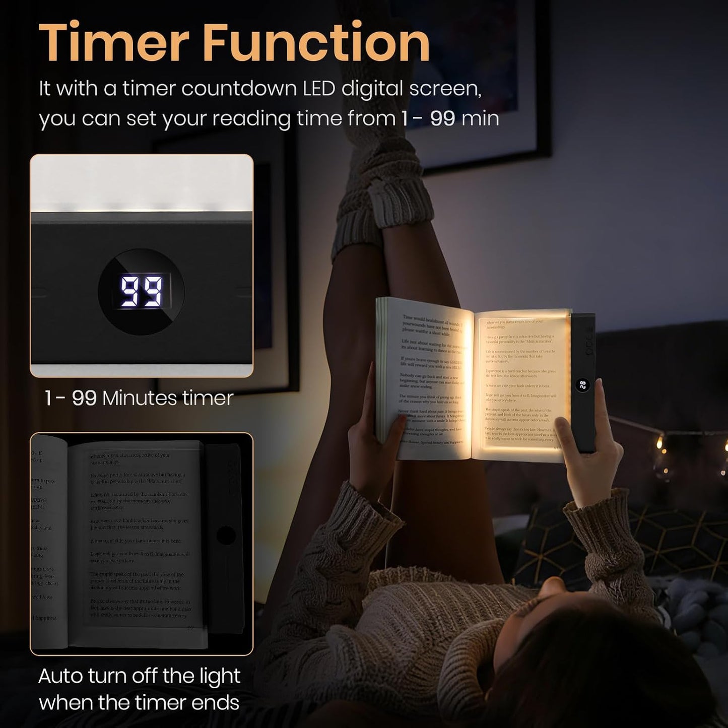 LED Book Light, 3 Color Temps & Stepless Dimming, Night Reading with Timer | 2-In-1 Rechargeable Clear LED Flat Reading Light and Night Light. Perfect for Night Reading and Bookish Gifts(Black)