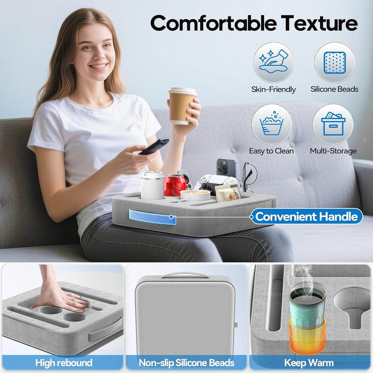 Couch Cup Holder Pillow, Sofa and Bed Caddy for iPad, Kindle, Switch, Game Controller, Remotes, Phones, Small-Sized Cup & Drink Holder for Couch, Bed, Desk, Car, Beach, Bathroom Cup Holder