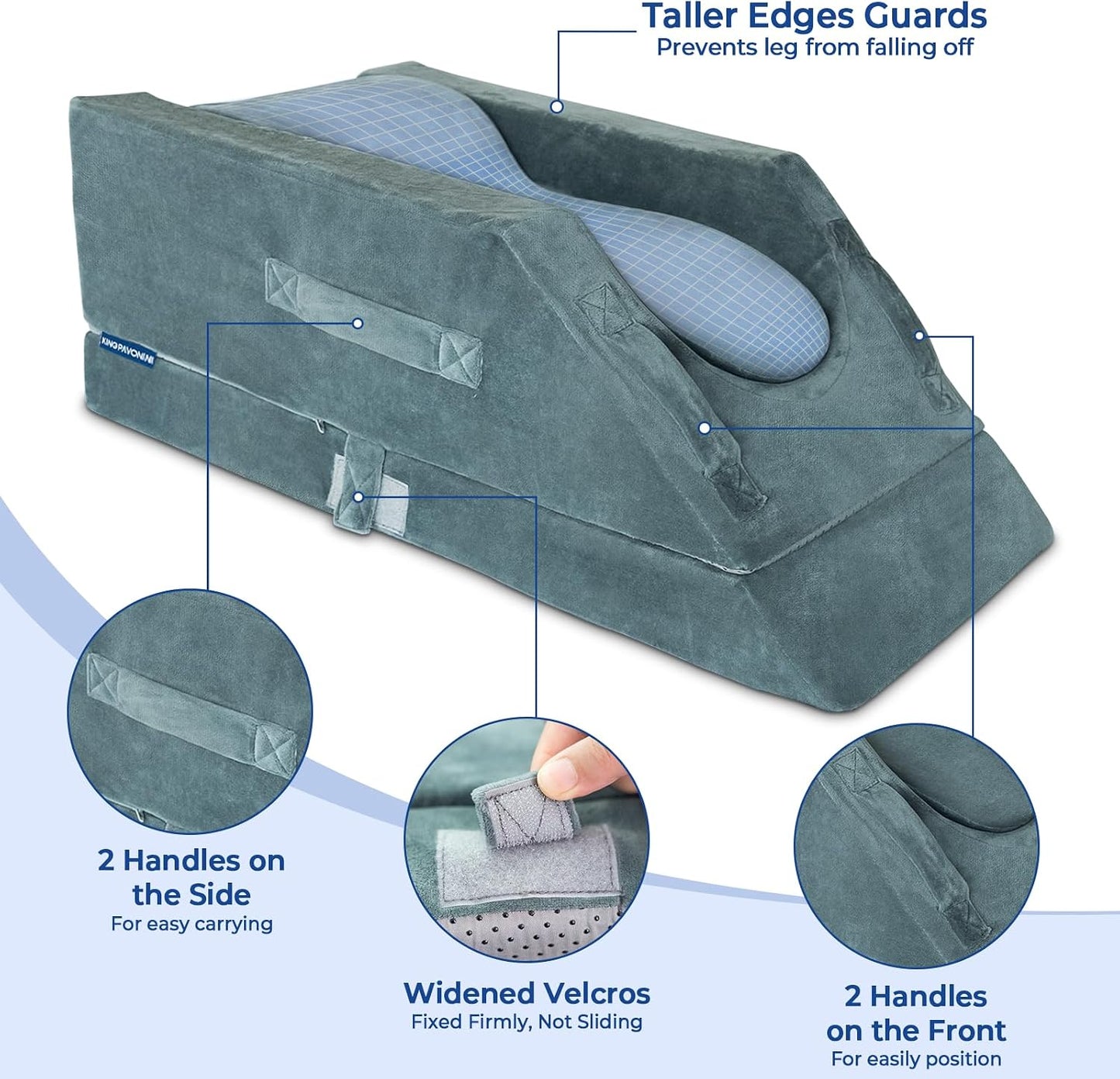 KingPavonini 4-Height Adjustable Leg Elevation Pillows for After Surgery | Soft Yet Supportive Memory Foam, Fits Various Heights, Relieve Pain & Swelling, 4 Handles & Insert Pad, Washable Velvet Cover