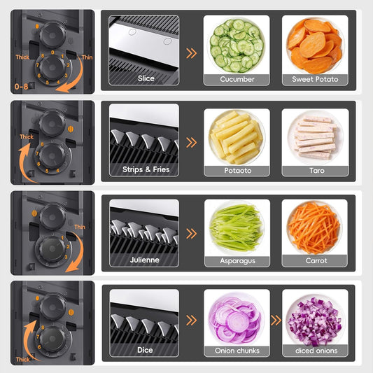 ONCE FOR ALL Safe Mandoline Slicer Plus, Bigger Size, Potato Slicer, Black | 0.1-8mm Adjustable Vegetable Food Chopper, Kitchen Mandoline Slicer Stainless Steel, Detachable Blade, Dishwasher-safe, Gift