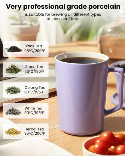 15 oz Ceramic Tea Infuser Cup with Lid - Tea Mug with All Porcelain Strainer for Loose Leaf Teas,Microwave and Dishwasher Safe,Metal-Free,BPA-Free for Tea Lovers/Birthday (Black)