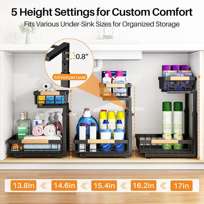 PXRACK Under Sink Organizer, Adjustable Height, 2 Tier Pull Out Under Cabinet Organizer, Slide Out Thickened Metal Under Sink Storage for Kitchen Bathroom Laundry Pantry Cabinet, White, Large-2-Pack