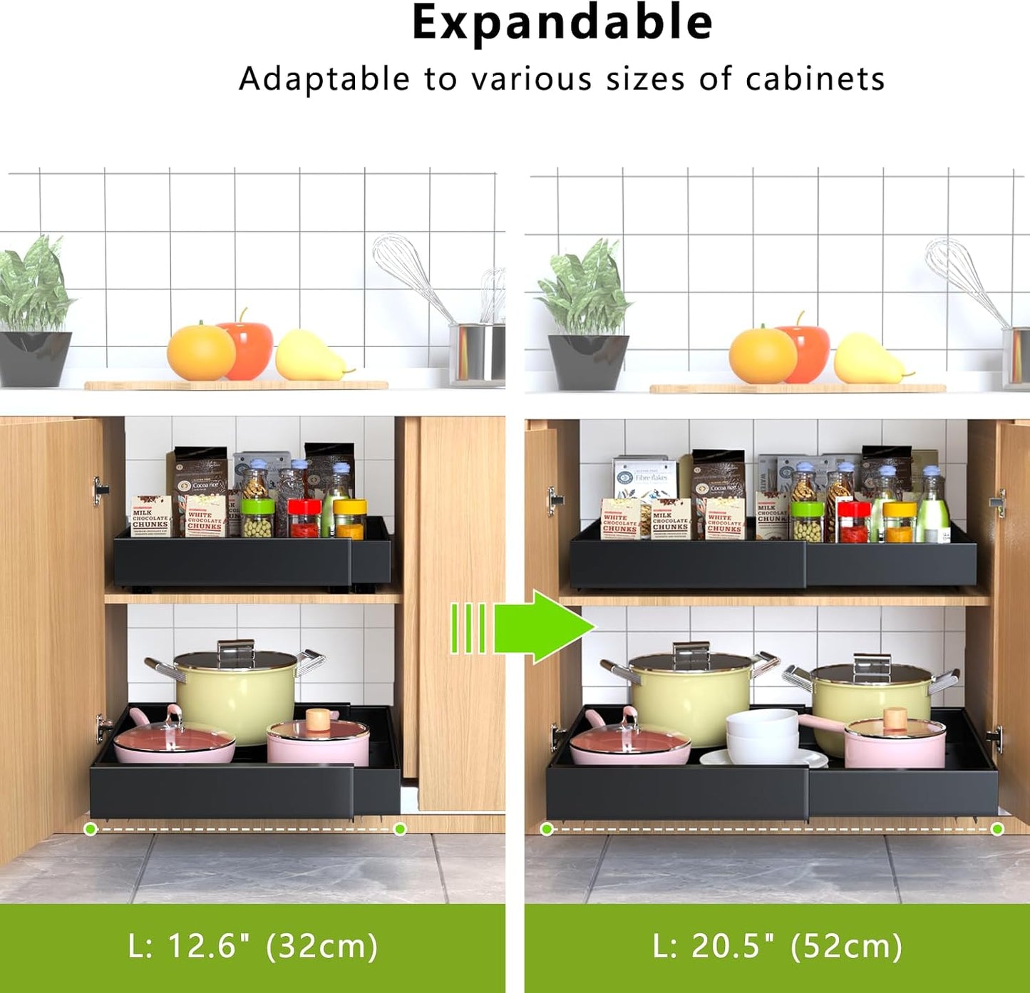 2 Pack Pull Out Cabinet Organizer 21" Deep Expandable Slide Out Drawer Organizers,No Drill Pull Out Drawers Adhesive with Nano Compatible Framed Cabinets Shelves For Kitchen Pantry Adjustable Width