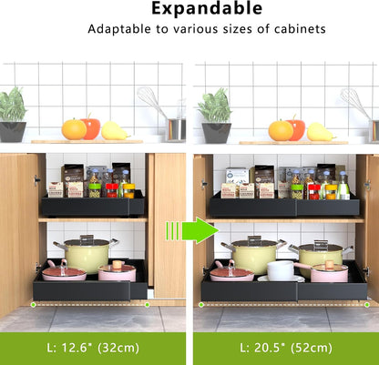 2 Pack Pull Out Cabinet Organizer 21" Deep Expandable Slide Out Drawer Organizers,No Drill Pull Out Drawers Adhesive with Nano Compatible Framed Cabinets Shelves For Kitchen Pantry Adjustable Width