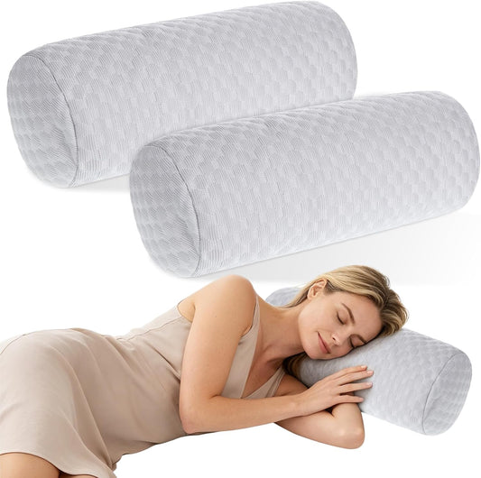 2 Pack Cooling Neck Roll Pillow Memory Foam Round Cylinder Bolster Cervical Round Support Pillow with Washable Breathable Cover for Sleeping Pain Relief