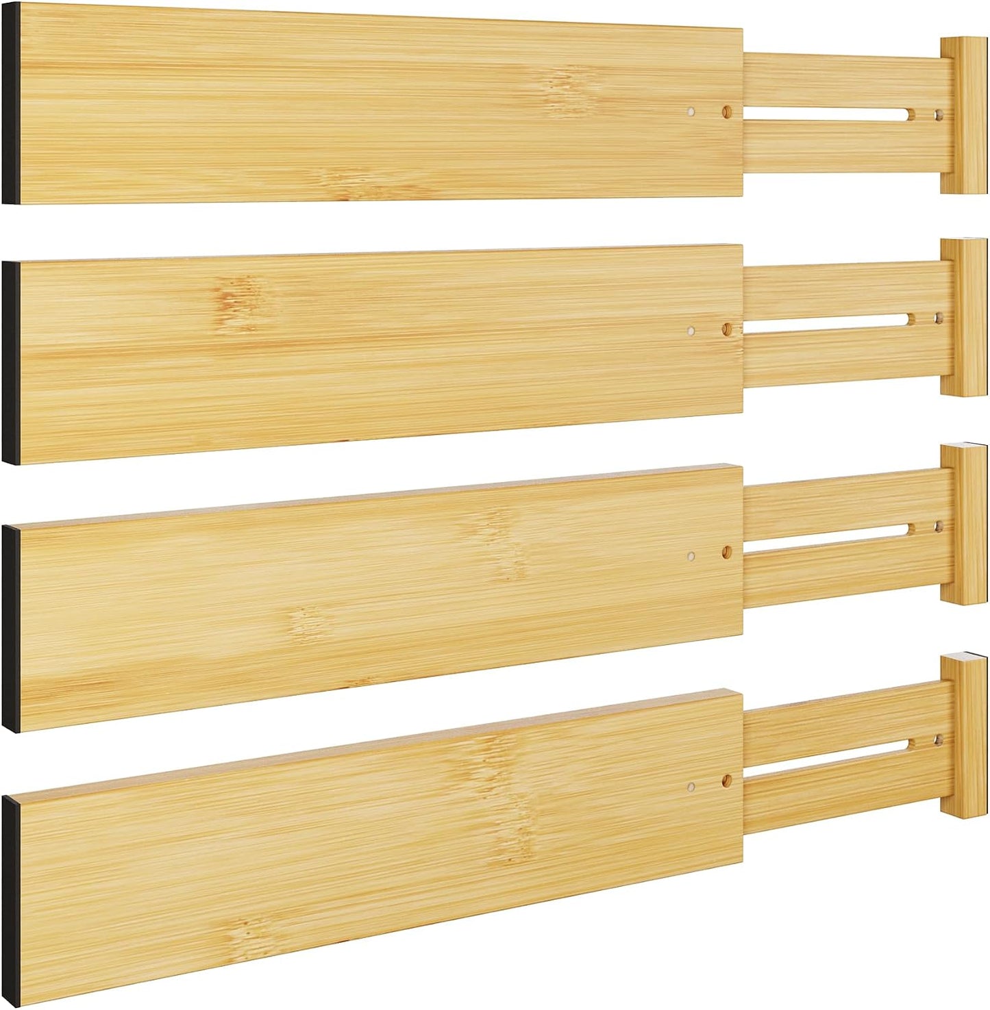 BAMEOS Bamboo Expandable Drawer Dividers – Fits 16.6"–22" Drawers, 2" High, Set of 4 | Spring-Loaded Bamboo Separator for Kitchen Island, Bathroom Vanity & Dresser Drawers