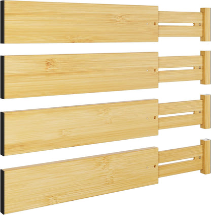 BAMEOS Bamboo Expandable Drawer Dividers – Fits 16.6"–22" Drawers, 2" High, Set of 4 | Spring-Loaded Bamboo Separator for Kitchen Island, Bathroom Vanity & Dresser Drawers