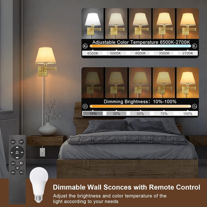 TRLIFE Wall Sconce Plug in, Dimmable Wall Sconces Set of Two Swing Arm Wall Lights with Plug in Cord and On/Off Dimmer Rotary Switch, 9.4" Medium Beige Fabric Shade(2 Pack, 2 Bulbs)