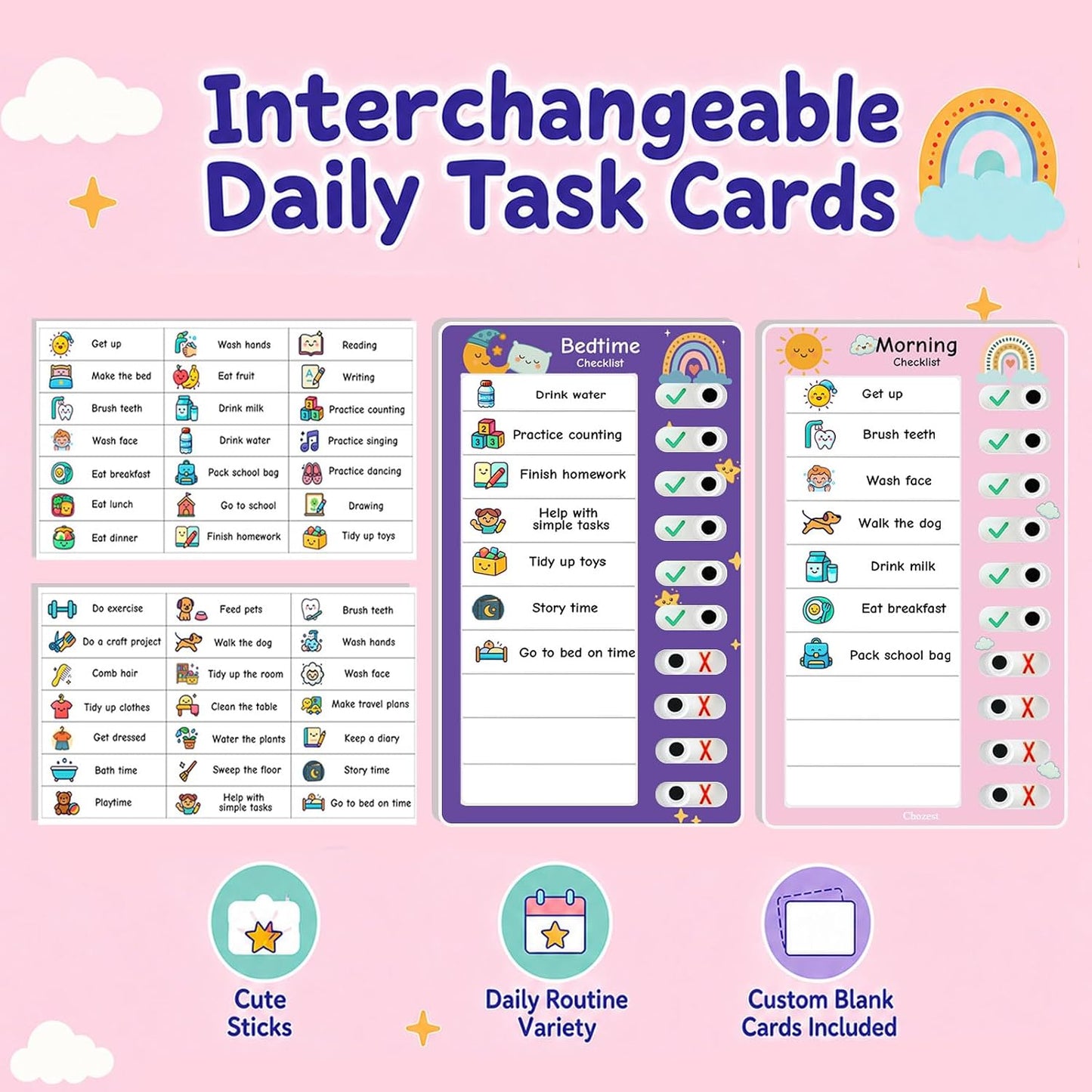 2PCS Magnetic Visual Chore Chart for Kids, Schedule Checklist for Kids, Kids to Do Task (1 Morning Checklist Boards, 1 Bedtime Checklist Boards) (Pink)
