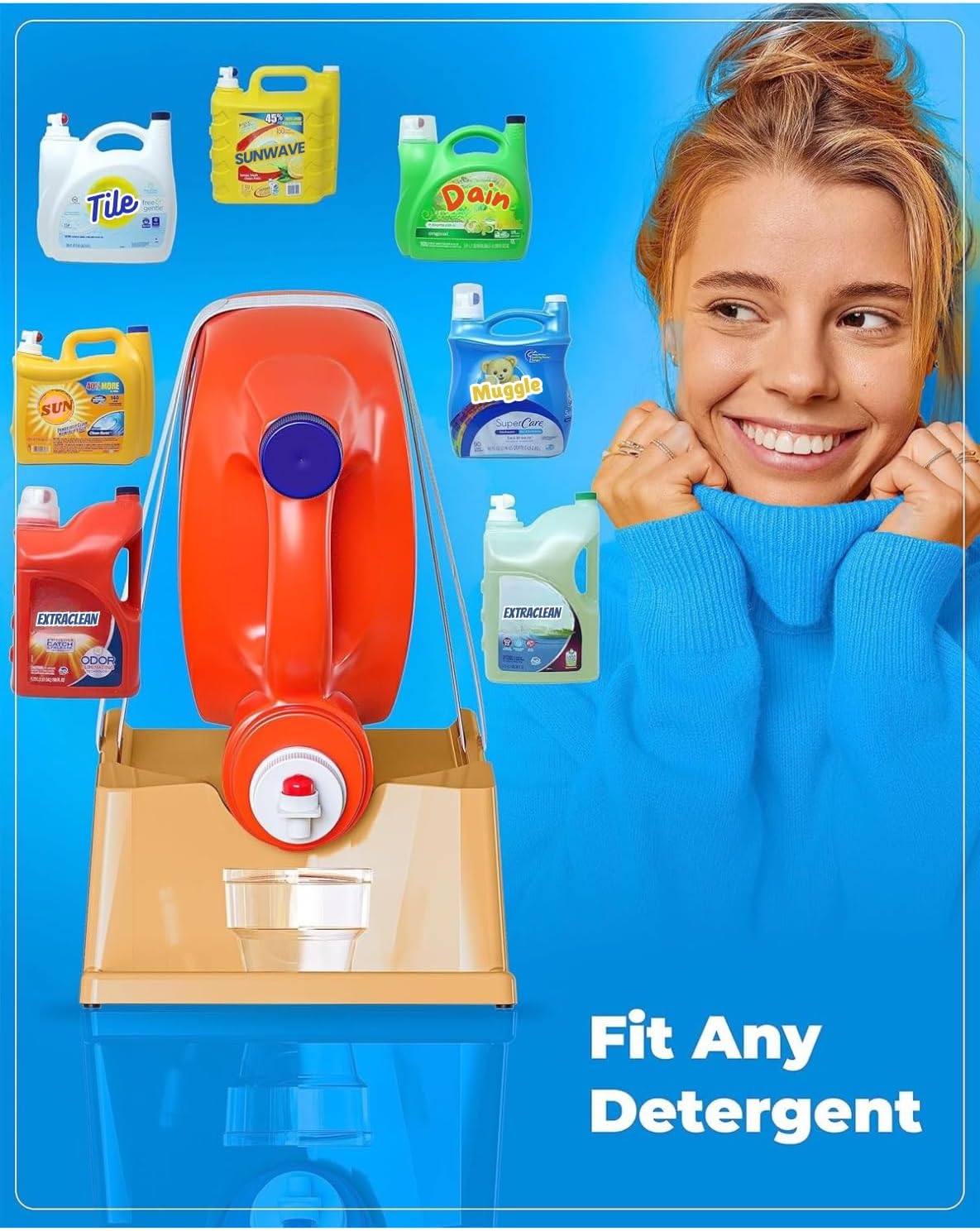Liquid Laundry Detergent Holder Stand with Drip Tray - 1 Pack - White | Easy Pouring, Rubber Feet, Secure Strap, Angled Stand, Fabric Softener Dispenser for Laundry Room Organization & Storage